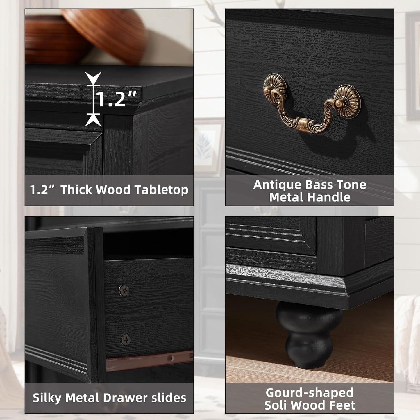 Farmhouse 4 Drawer Dresser for Bedroom, 37" Tall Rustic Chests of Drawers w/ 4 Solid Wood Feet, Mid Century Modern Wooden Closet Storage Dressers Organizer for Living Room, Hallway, Black