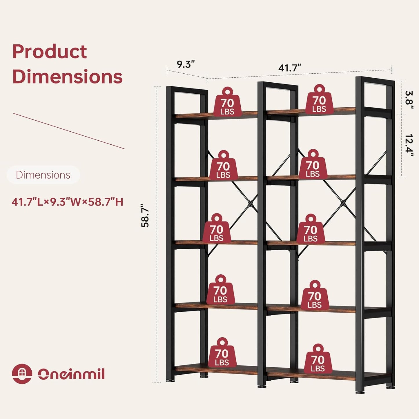 oneinmil 5 Tier Bookshelf Set of 2, 58.7'' Industrial Book Shelf, Wooden Bookshelves with 10 Open Display Shelves, Vintage Storage Rack, Standing Wide Bookcase for Home and Office, Rustic Brown