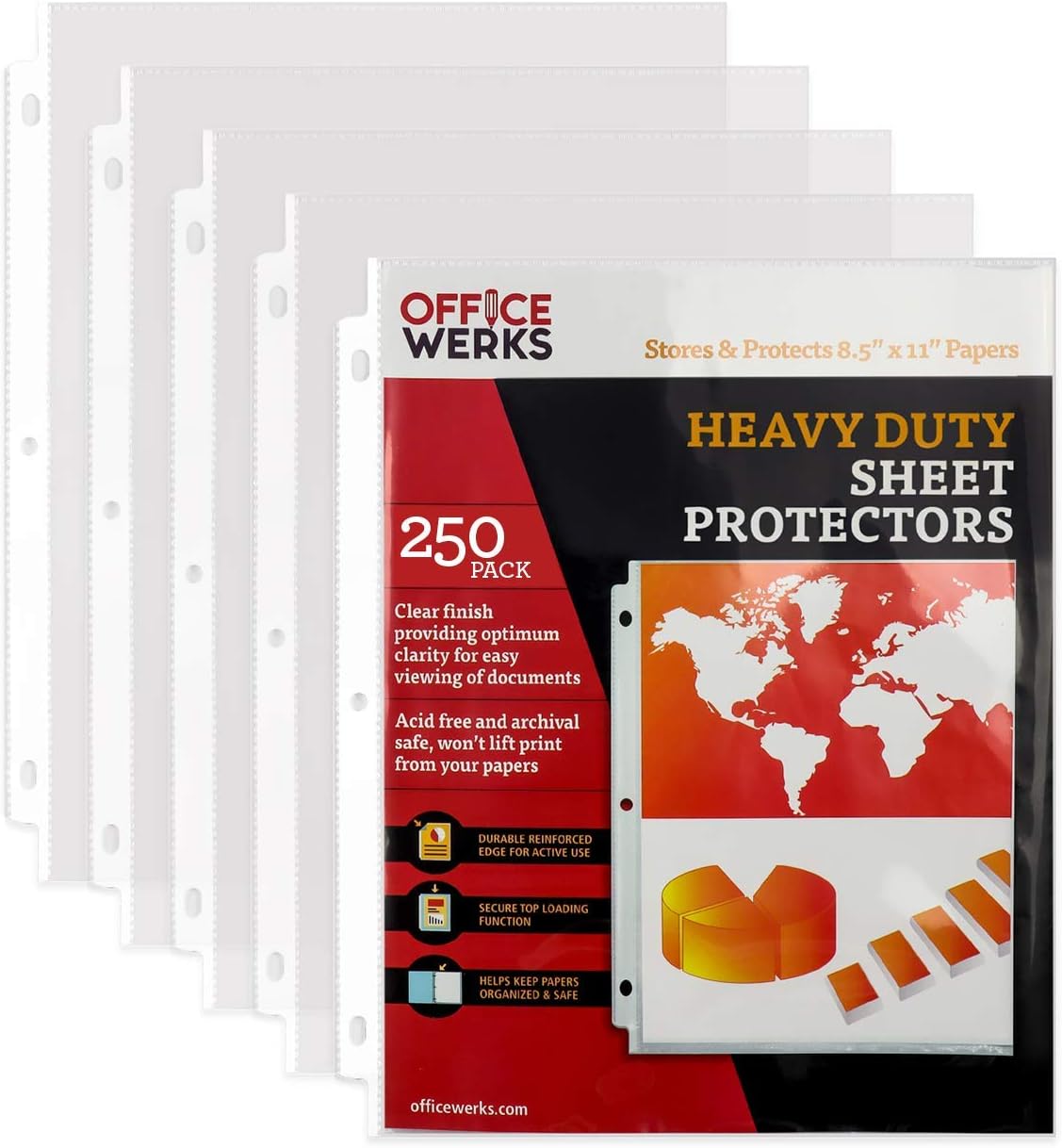 Officewerks 250-Pack Heavy Duty Sheet Protectors | 8.5 x 11 Clear Plastic Page Sleeves | Top Loading Acid Free Archival Safe Binder Sleeves | Reinforced Holes for 3 Ring Binders | Office School Use