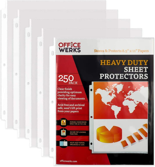 Officewerks 250-Pack Heavy Duty Sheet Protectors | 8.5 x 11 Clear Plastic Page Sleeves | Top Loading Acid Free Archival Safe Binder Sleeves | Reinforced Holes for 3 Ring Binders | Office School Use
