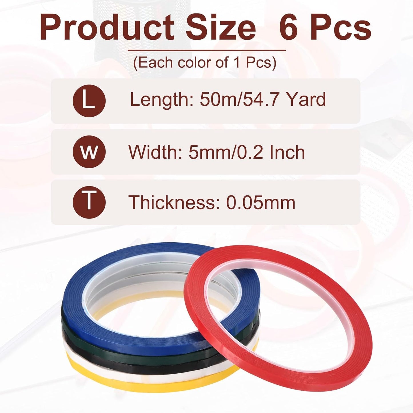 MECCANIXITY 6 Rolls Whiteboard Tape Graphic Chart Tape 5mm 54.7 Yard Art Tape Thin Pinstripe Tape Masking Tape for Gift Wrapping Craft Supplies, Red, Green, Blue, Yellow, Black, White