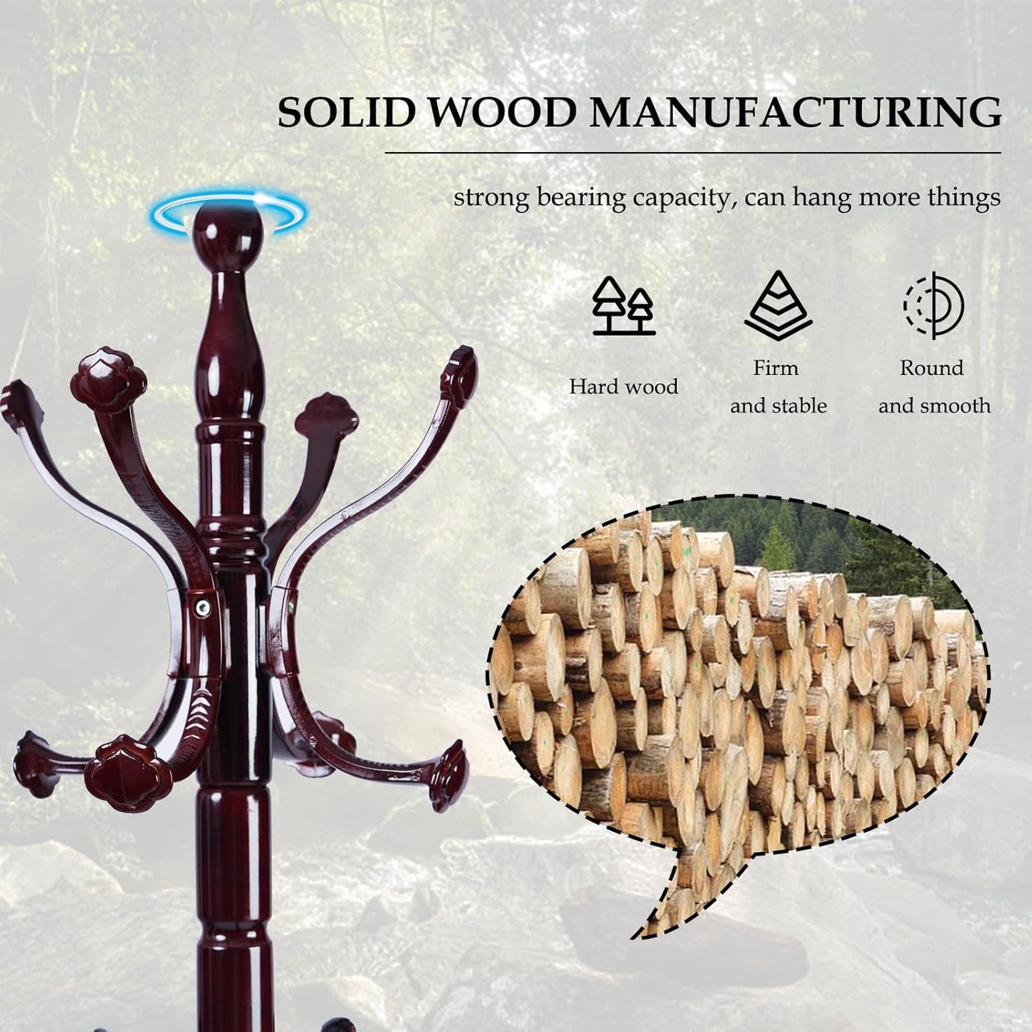 Wood Coat Rack Freestanding, Natural Coats Tree Stand with 14 Hooks, 73" Sturdy and Easy Assembly Coat Rack Stand for Entryway, Hallway, Bedroom, Bags, Hats (Heavy-duty Disc Base, Lucky Curve)