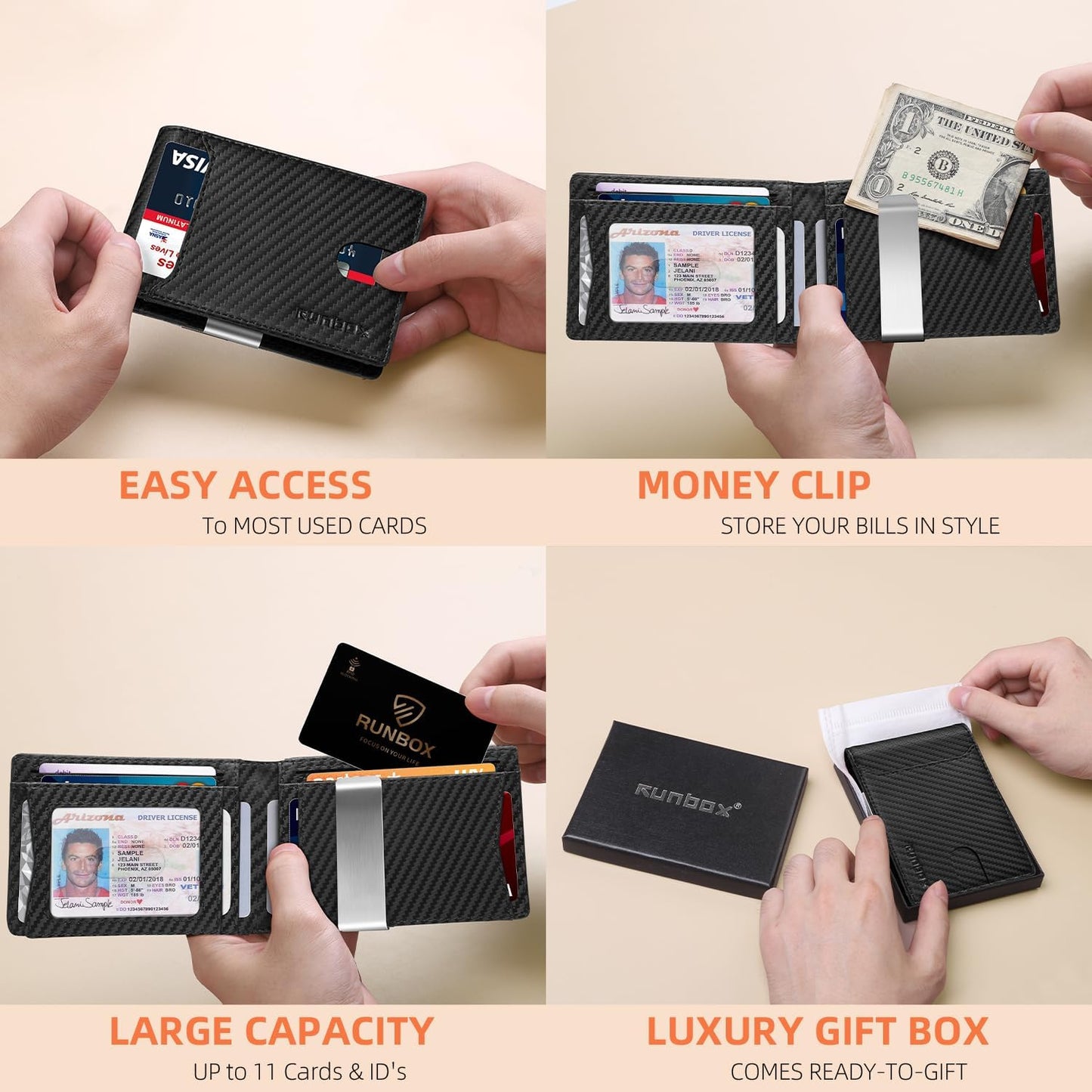 RUNBOX Slim Wallets for Men - Leather Money Clip Mens Wallet - RFID Blocking Front Pocket Bifold Wallet - Thin Credit Card Holder with Gift Box
