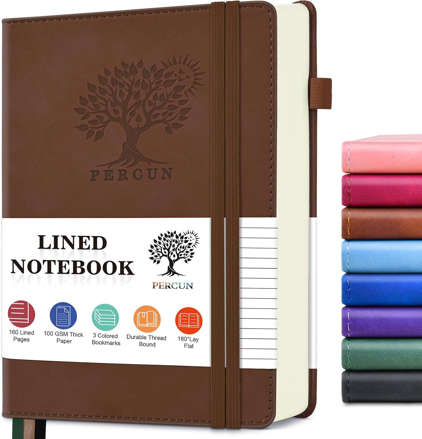 PERCUN Lined Journal Notebook for Men & Women, 160 Pages College Ruled Journal for Writing, A5 Hardcover Leather Notebooks for Work, School, Business, Travel, Daily Diary 5.9" x 8.5" - Brown