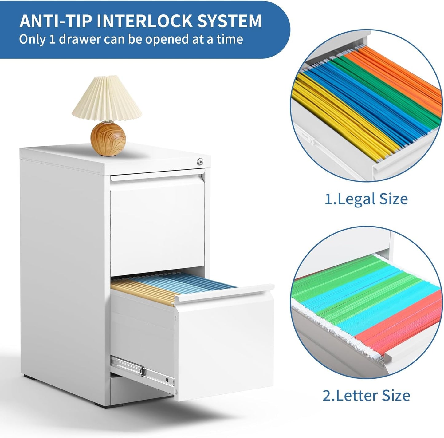 2 Drawer File Cabinet with Lock, Steel Vertical Filing Cabinets for Home Office, Small Metal Storage Cabinet for Hanging Legal/Letter Size Files, Assembly Required (White)