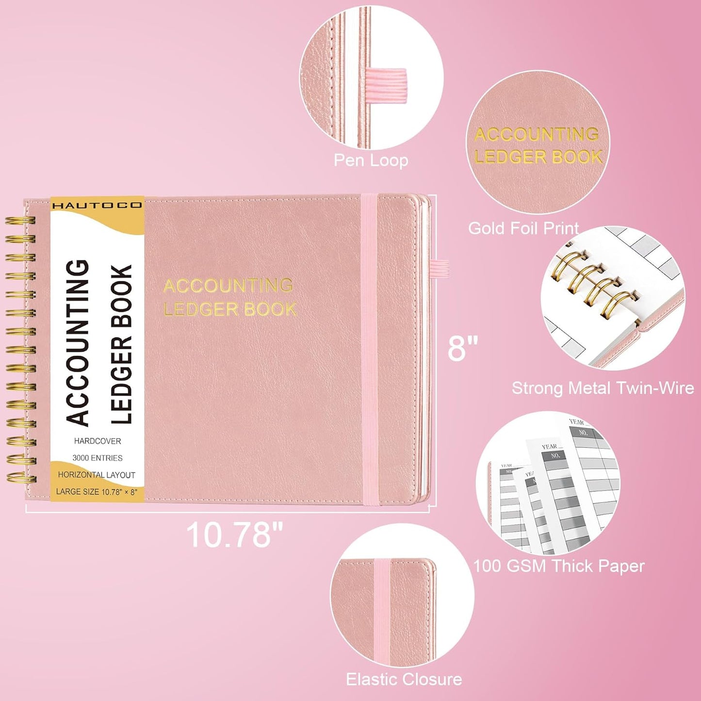 HAUTOCO Hardcover Accounting Ledger Book for Small Business Bookkeeping Horizontal Money Expense Tracker Notebook with 2 Storage Pouch, Personal Columnar Log Journal 10.78 x 8'', Rose Gold
