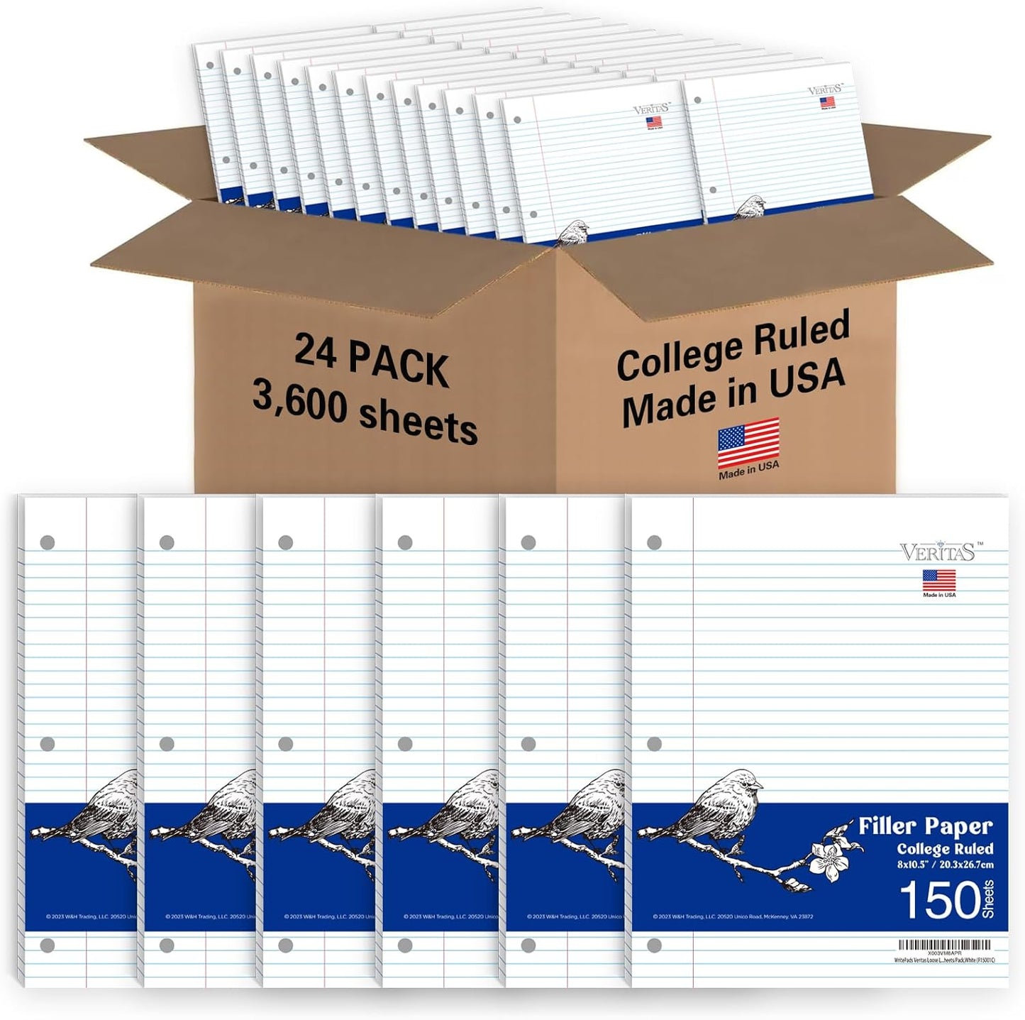 Loose Leaf Notebook Paper, 8"x10-1/2" College Ruled Lined Paper, 3 Hole Punched For 3 Ring Binder, 150 Sheets/Pack, 24PK Per Carton, 3600 Sheets, Made In USA