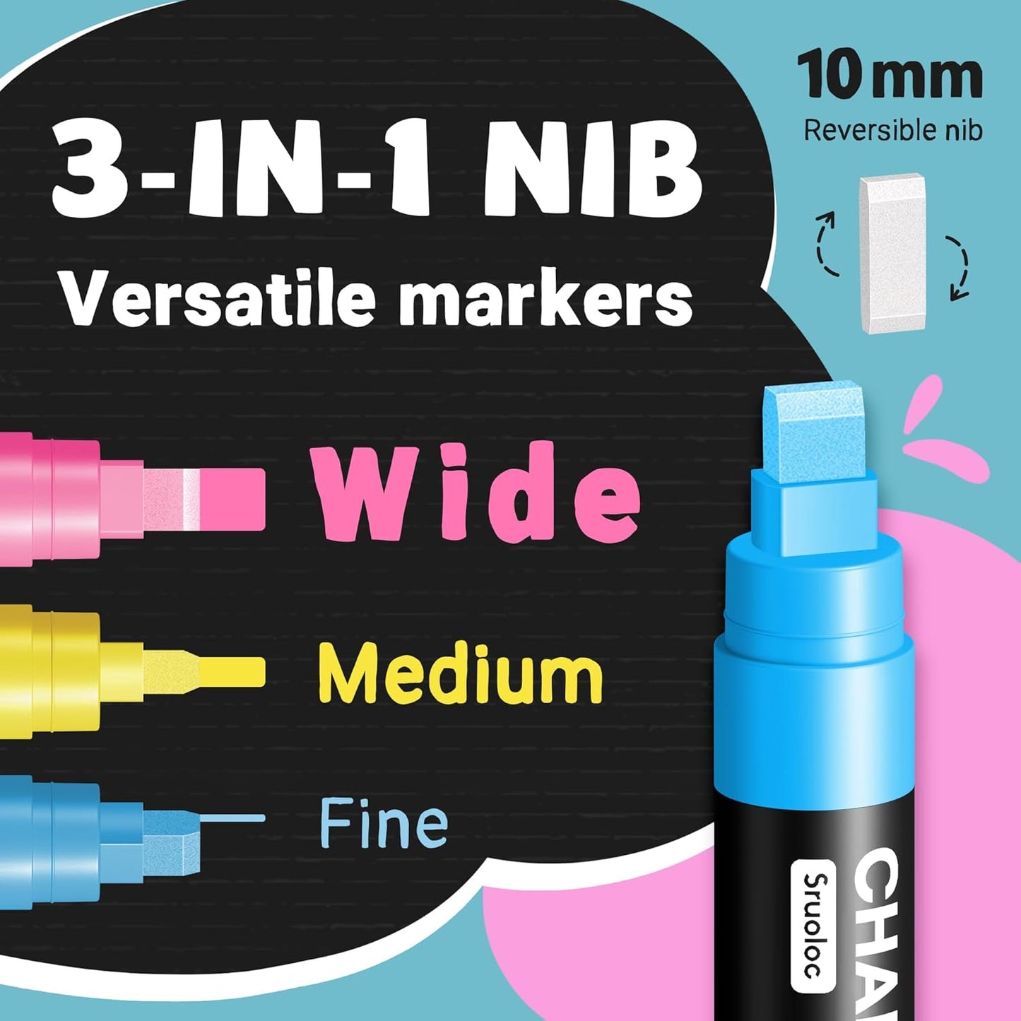 Window Chalk Markers for Glass Washable, 20 Colors Jumbo Liquid Chalk Marker with 10mm 3 in 1 Nib Thick Wide Tips, Big Chalkboard Markers, Car Paint Pen for Auto, Bistro, Mirror, Poster, Blackboards