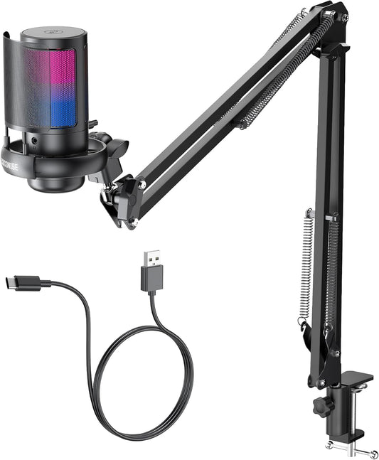 Gaming Microphone, USB PC Mic for Podcasts Videos, Streaming, Condenser Mic with Quick Mute, Tripod Stand, Pop Filter, RGB Indicator, Shock Mount, Rotate gain button, Compatible with PS4/5/PC