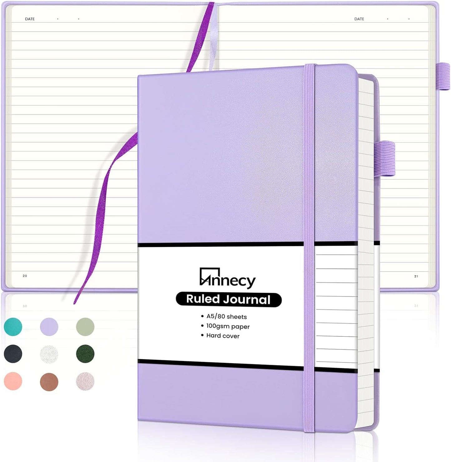 Annecy Lined Journal Notebook, Hardcover Numbered College Ruled Journal, Medium 5.5x 8.25, 160 Pages 100GSM Writing Paper, Purple