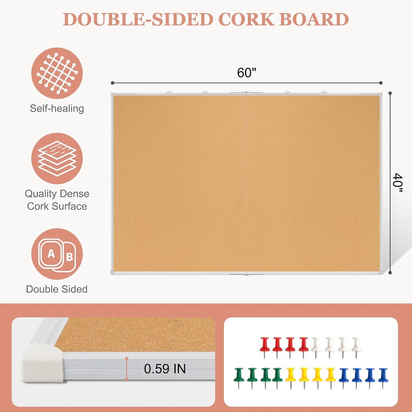 Double-Sided Large Cork Board, 60" x 40" Foldable Hanging Aluminum Framed Bulletin Board, Vision Board Pin Board Corkboards for Walls, Office, School Decor, 20 Pushpins