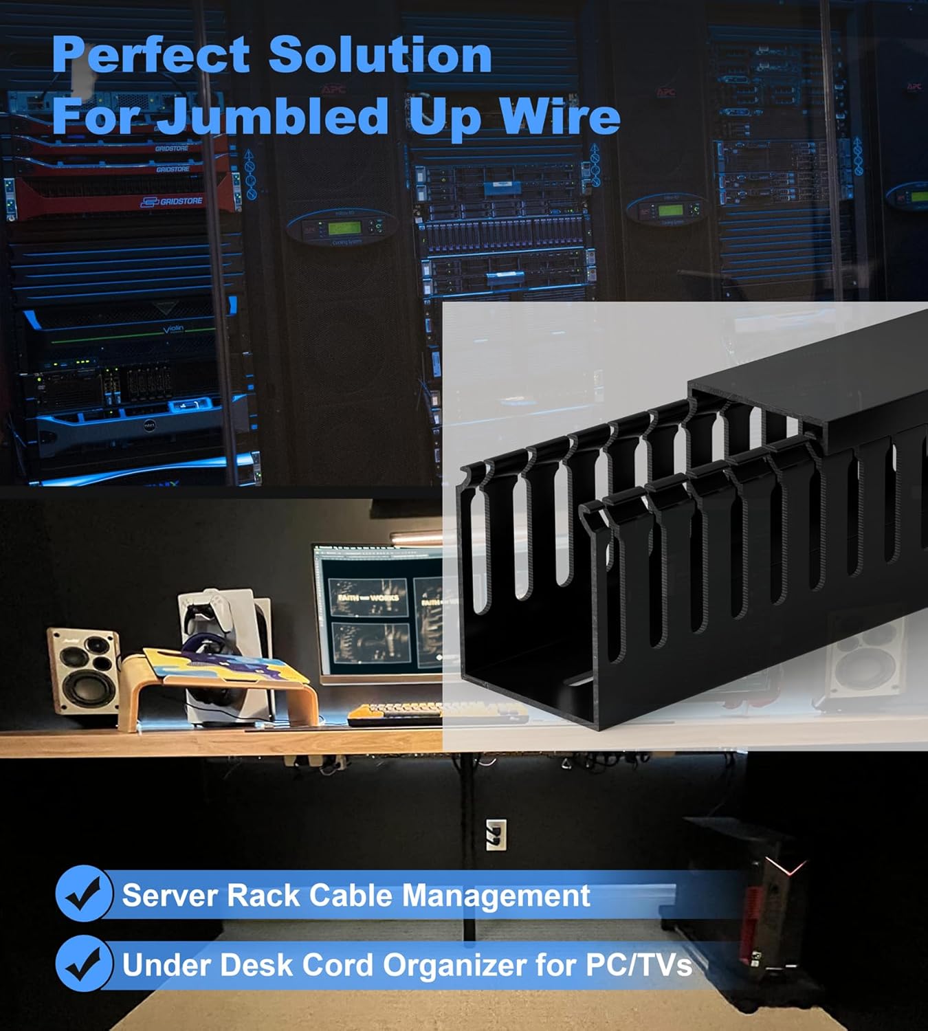 99in (6x L16.5in) Professional Server Rack Cable Management Raceway, H2.4in x W2in Large Capacity Cable Raceway Kit, Electrically Safe PVC, Open Slot Wire Raceway for Under Desk/Computer/Network Cords