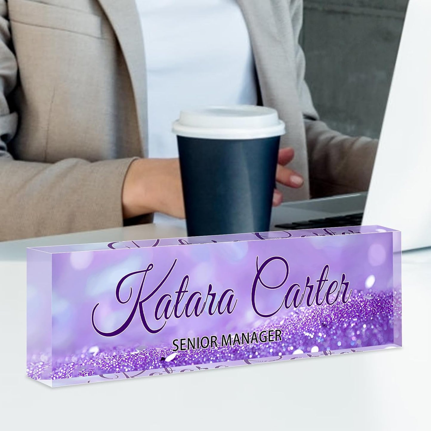 Name Plate for Desk Personalized, Acrylic Desk Decorations, Employee Appreciation Gifts, Custom Office Gifts for Coworkers, Boss, Teacher, Nurse (Purple Quicksand)