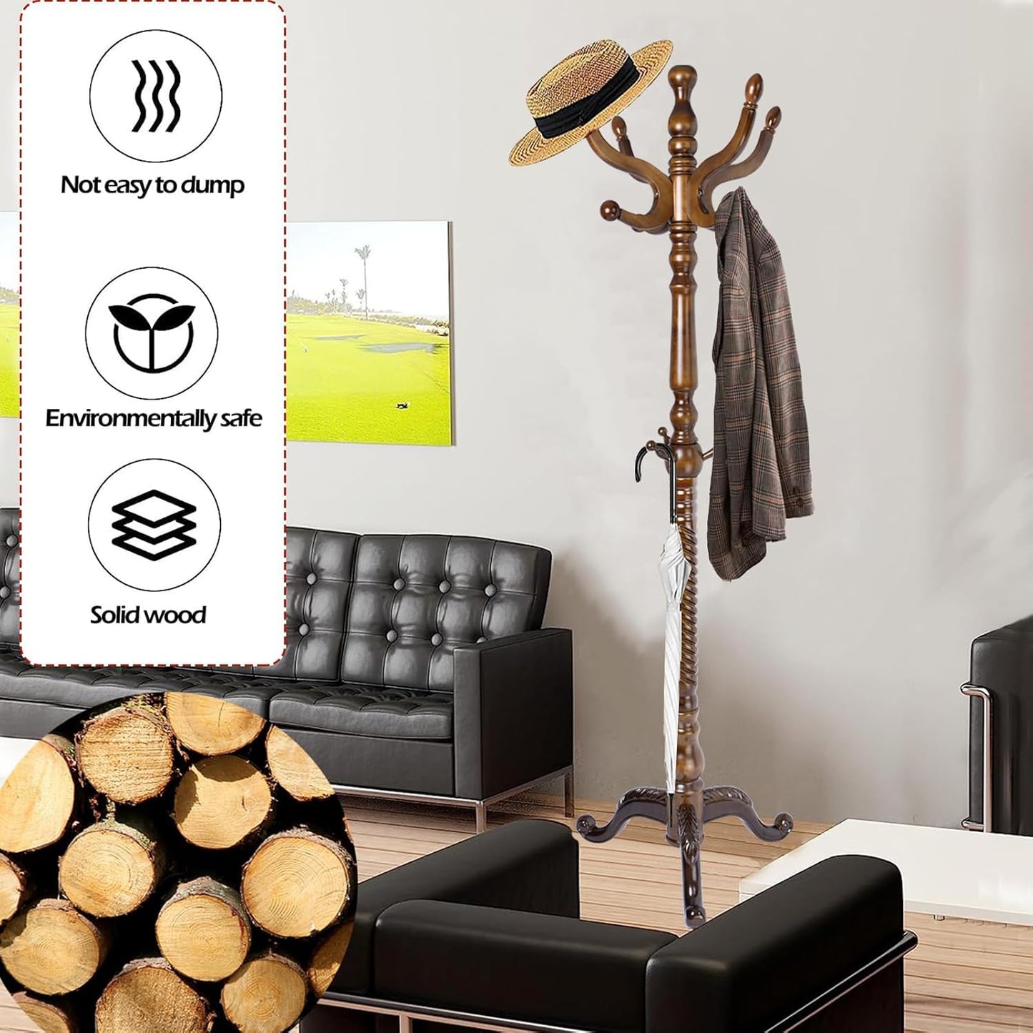 Coat Racks Free Standing with 11 Hooks, Natural Wood Coat Stands for Entryway, Adjustable Height 74 in Tree Coat Rack Stand for Hallway Home Office Bedroom (Brown Triangle)