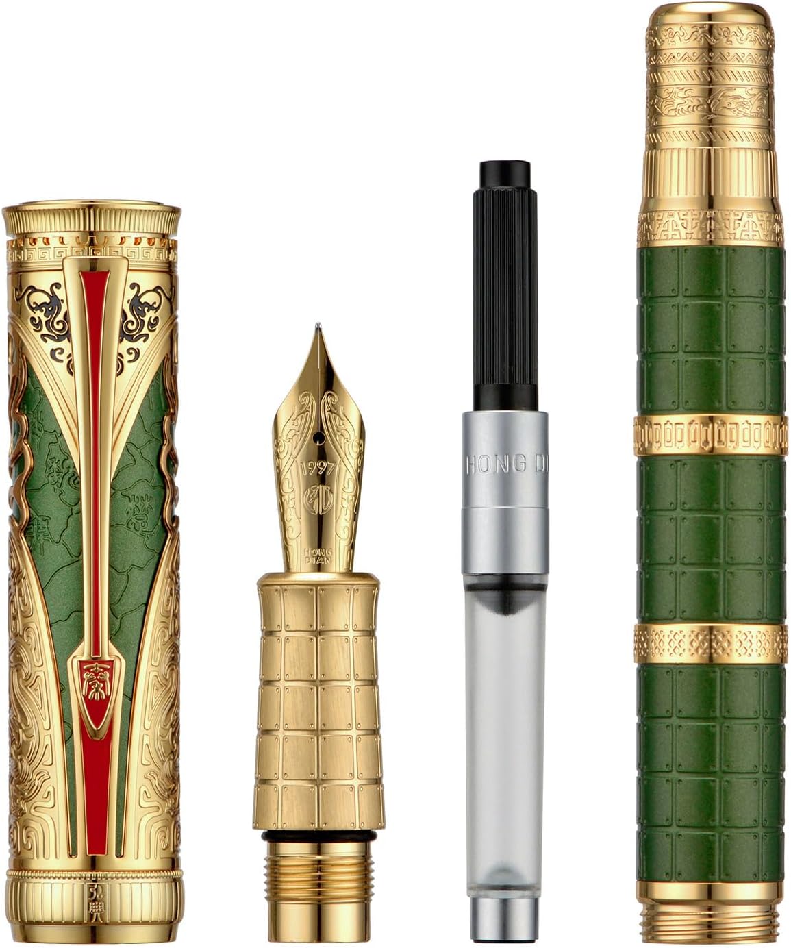 Hongdian D5X Fountain Pen - Green Qin Dynasty Writing Pen with Fine Nib and Converter Set