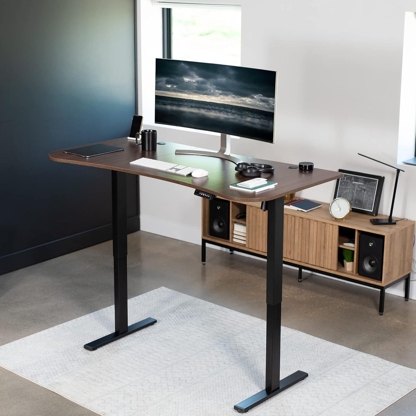 VIVO Electric 63 x 32 in Standing Desk, Memory Height Adjustment, 1B Series, Dark Walnut Top Black Frame, DESK-KIT-1B1D