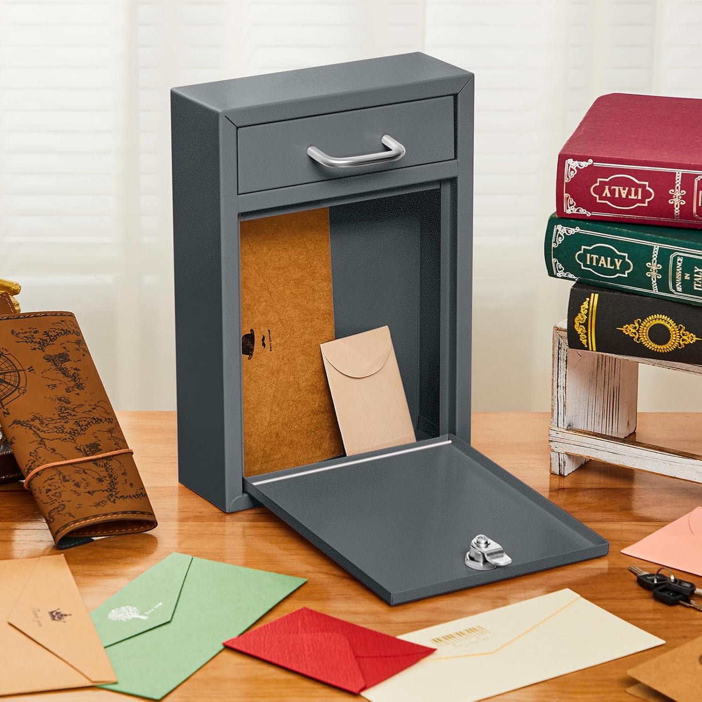 Locking Mailbox with Key for Outdoor 12.2 x 8.5 x 3 Inches Large Wall Mount Mail Box with Lock Security Mail Drop Metal Collection Boxes Hanging Secure Postbox(Dark Gray)