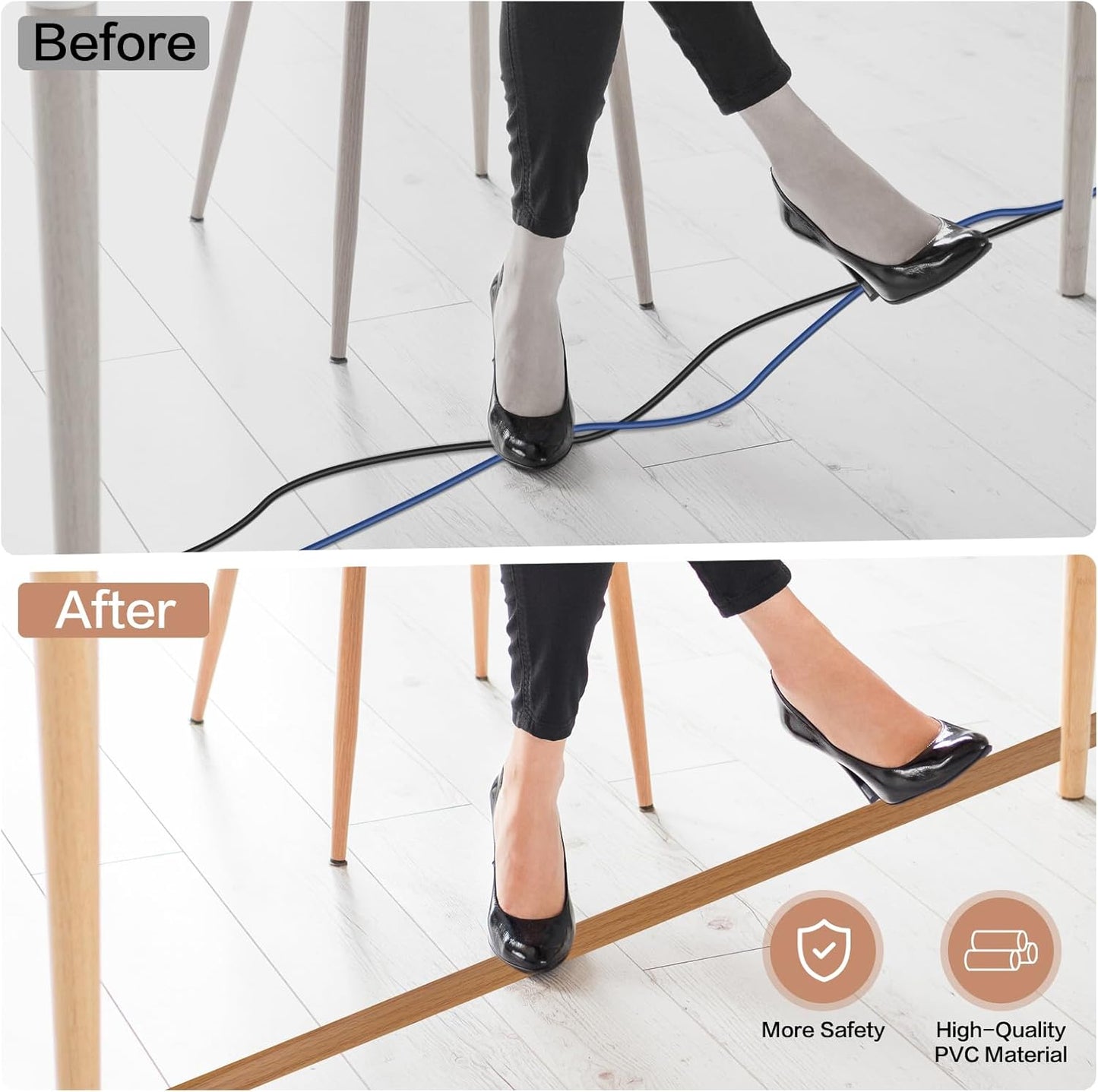 Floor Cord Cover Self Adhesive Cord Hider Floor Extension Cord Covers for Floor Power Cord Protector Cable Management Prevent Cable Trips Cable Cavity 0.59" W x 0.31" H (Light Brown Wood, 10Ft)