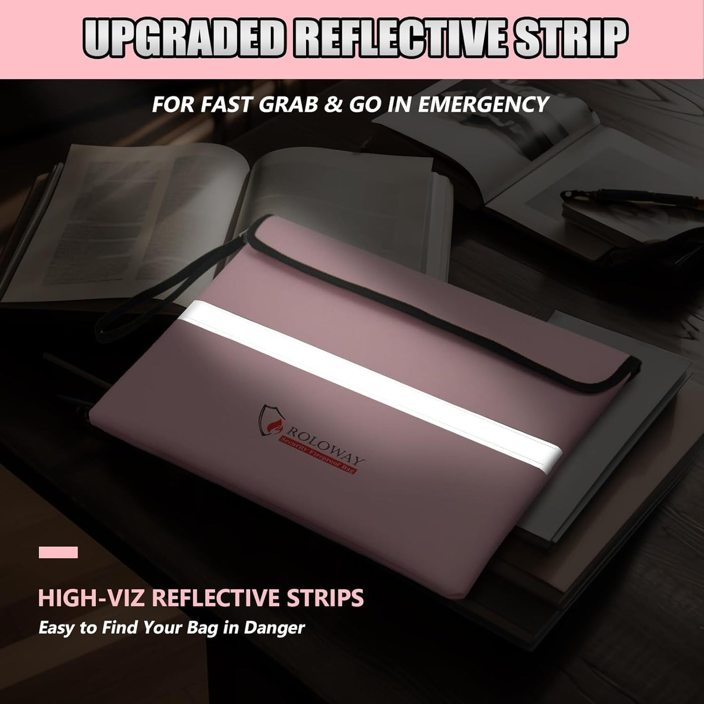 ROLOWAY Fireproof Document Bag (14 x 11 inch) with 5200℉ Upgraded Aluminum Foil Layer, Fireproof Bag for Documents with Reflective Strip and Zipper (Pink)
