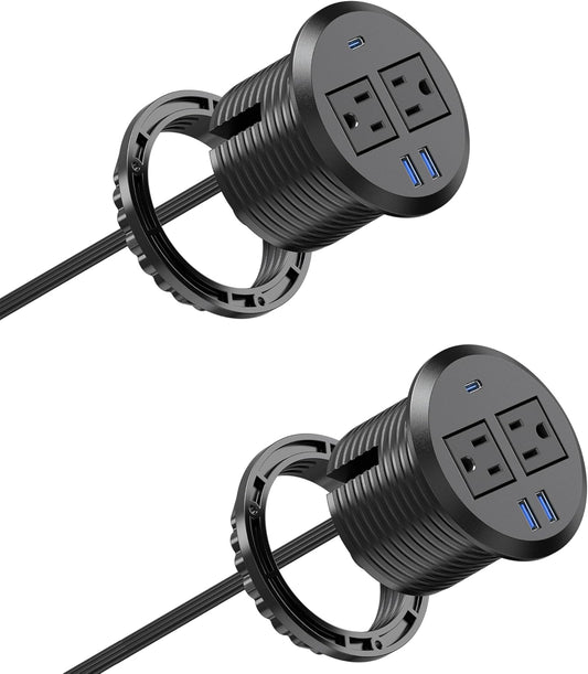 3 inch Desktop Power Grommet USB C,20W Fast Charging Station,Furniture Recessed Power Strip,2 Outlets,3 USB Ports,Flush-Mount for Desktop, Workspace Essential Desk Outlet,2 Pack (Black)