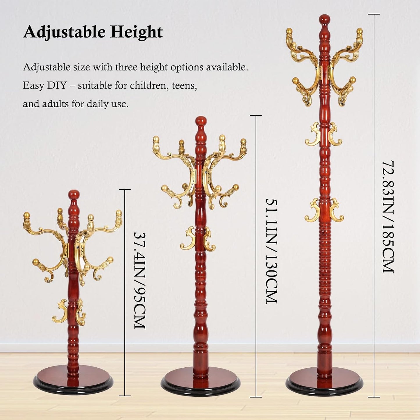 Coat Rack Stand, Solid Wooden Coat Tree with 14 Hooks, Heavy Duty Coat Rack Freestanding with Sturdy Round Base, Natural Birch Wood Coat Hanger Stand for Entryway Bedroom (Begonia)