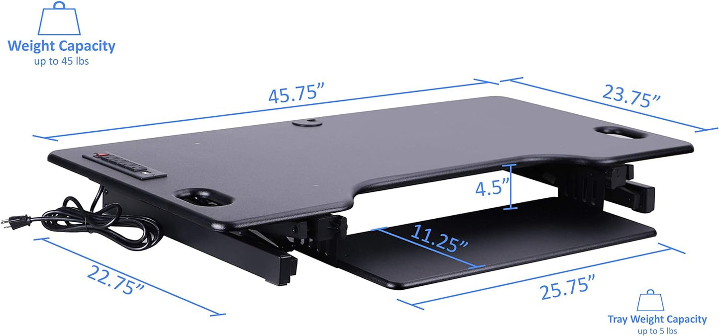 Rocelco 46" Height Adjustable Standing Desk Converter with AC USB Charger and Double Monitor Mount Arm - Sit Stand Up Triple Screen Riser Workstation - Keyboard Tray - Black (R DADRB-46-ACUSB-DM2)