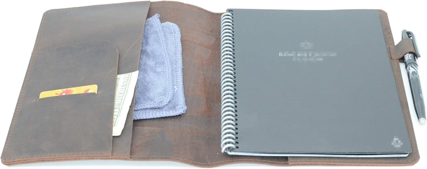 JJNUSA Compatible with Rocketbook Cover Smart Business Genuine Leather Notebook Cover for Everlast, Fusion, Wave, Moleskin A5 with Pen Loop & Business Card Holder, Executive 6" x 8.8" Darbrown