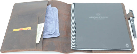 JJNUSA Compatible with Rocketbook Cover Smart Business Genuine Leather Notebook Cover for Everlast, Fusion, Wave, Moleskin A5 with Pen Loop & Business Card Holder, Executive 6" x 8.8" Darbrown