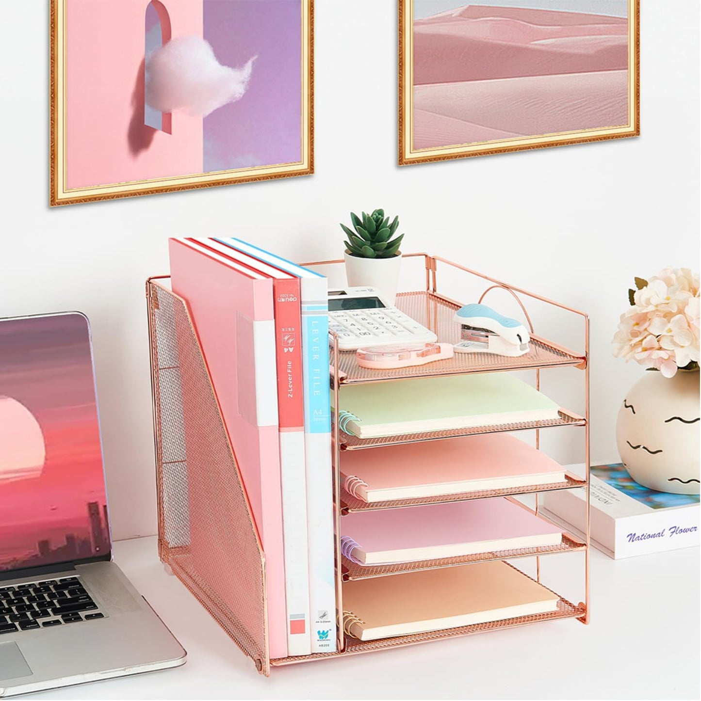 Desk Organizers and Accessories, 5-Tier Paper Letter Tray Organizer with File Holder, Desktop Organizer for Office Supplies, Office Desk Accessories & Workspace (Rose Gold)