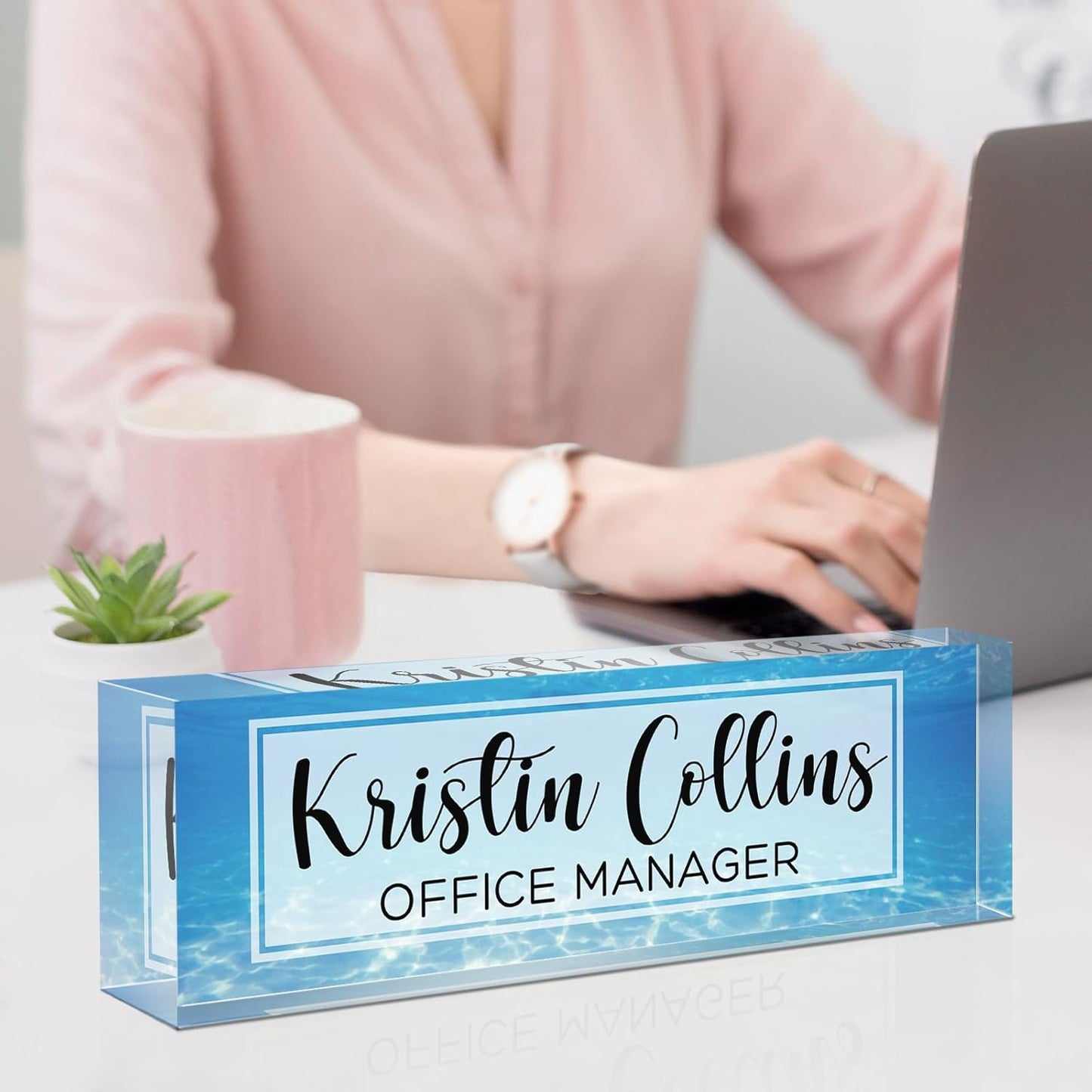 Custom Name Plate for Desk, Acrylic Office Decor For Women Men, Personalized Office Desk Accessories, Teacher Employee Appreciation Gifts For Social Worker Boss Coworkers (Sea)