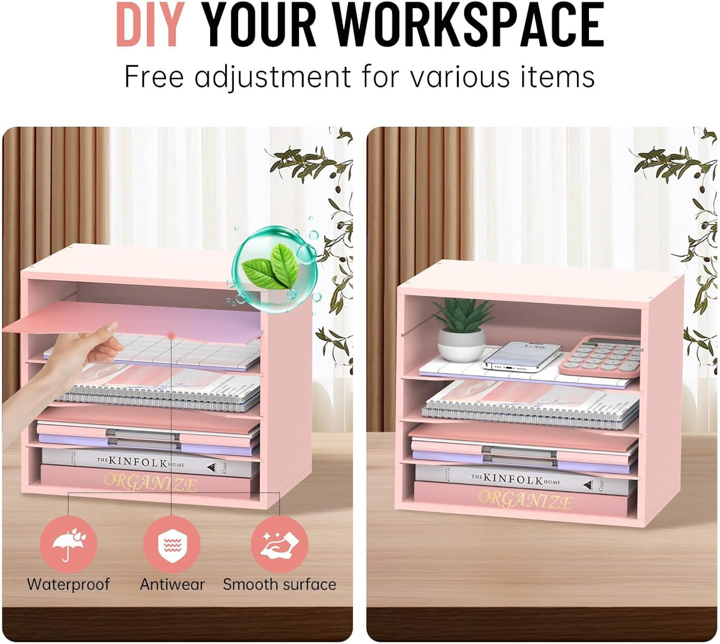 5-Tier Wood Desk Organizer, Paper Tray Organizer for Desk with Adjustable Storage Shelves, Desktop Paper Sorter Mail Holder for Office Home Classroom, Pink