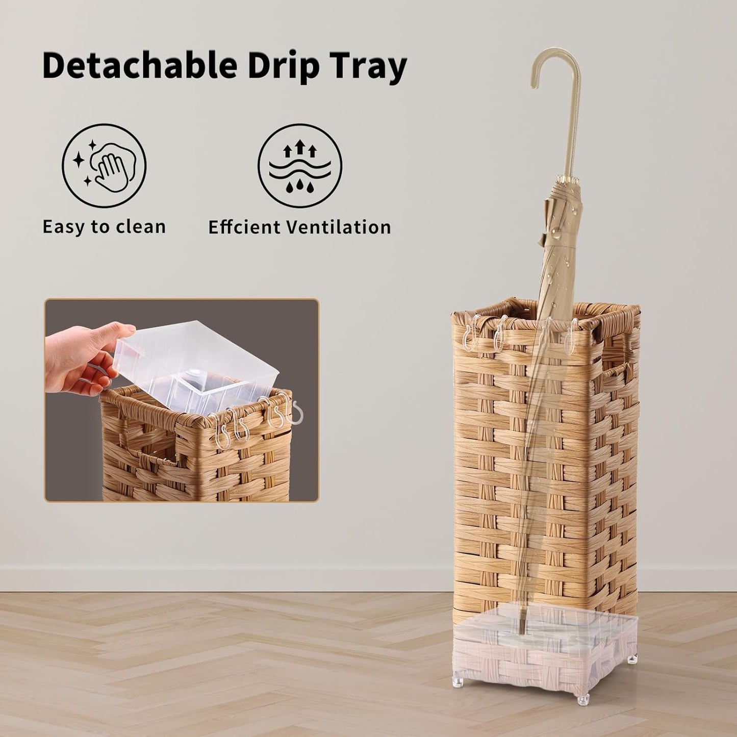 Rattan Umbrella Stand, Umbrella Holder for Entryway, Hand Woven Umbrella Rack Organizer Freestanding, with a Detachable Drip Tray, 4 Hooks, 6.5" L x 6.5" W x 16.5" H