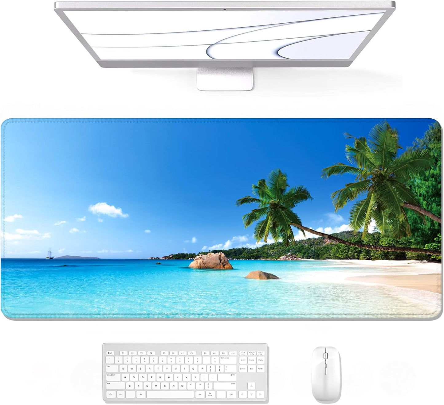 Auhoahsil Large Mouse Pad, XXL Gaming Mousepad, Desk Mat for Desktop, Thick Rubber, Big & Long Size, Stitched Edges, Full Desk Pad for Laptop & Computer, Extended 31.5 x 11.8 in, Beach Coconut Tree