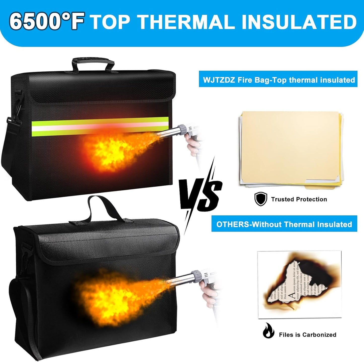 Large Fireproof Money Bags with Lock-6500°F Fireproof Document Box,10 Layers Insulation Materials&Waterproof Zipper,Removable Folder Layers/Wallet,Reflective Strip for Valuables(16.5”x 12.4”x 5.5”)