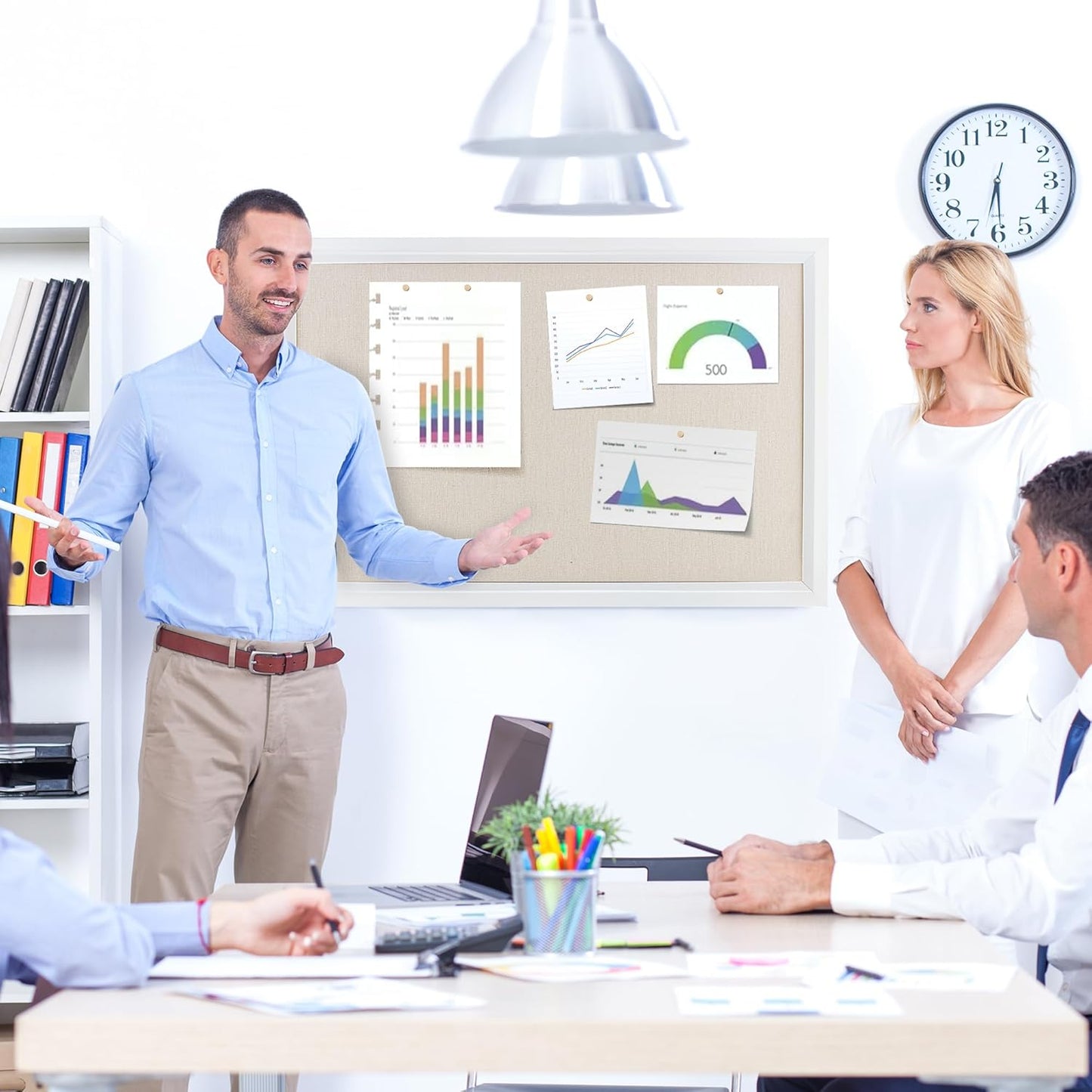 Bulletin Board Cork Board with Linen, 100% Wood Framed 30" x 20" Bulletin Board Decorations, Pin Boards for Walls, Wall Mounted Fabric Picture Board with 10 Pushpins for School, Home & Office, White