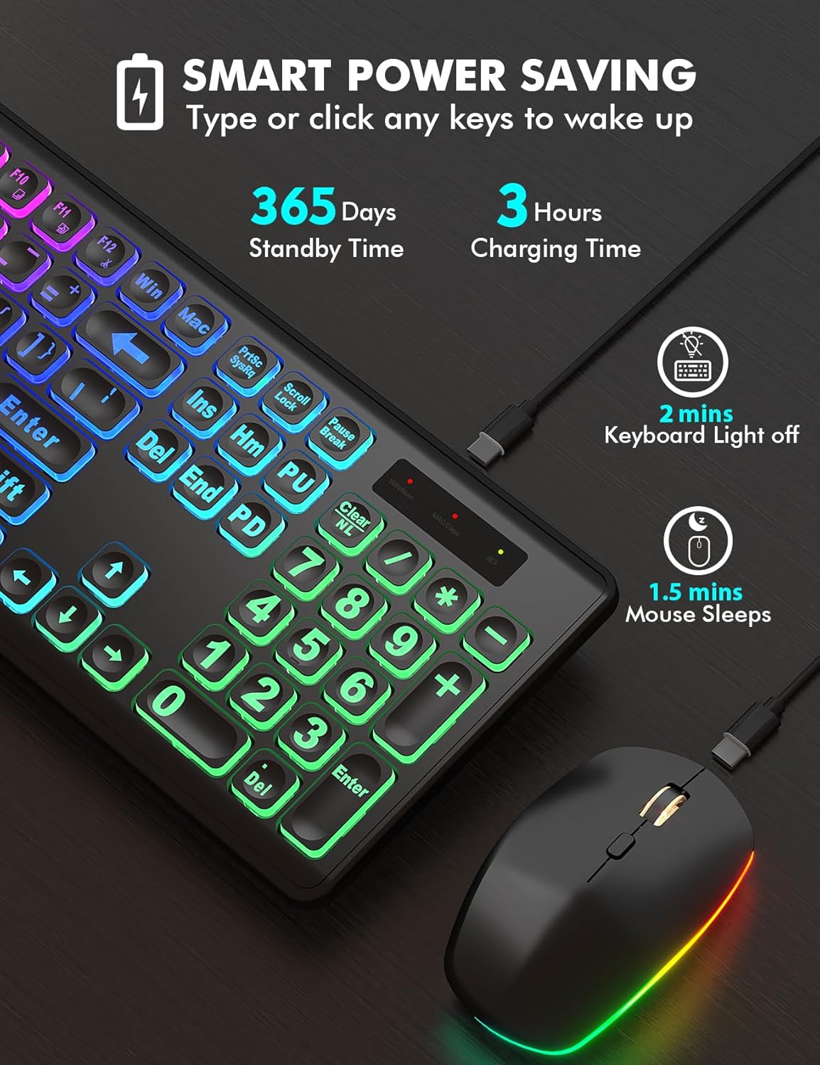 Wireless Keyboard and Mouse Combo - Large Print, RGB Backlit, Oversize Light Up Letters, Rechargeable, Ergonomic Tilt Leg, Sleep Mode, 2.4GHz Quiet Keyboard Mouse for Mac, Windows, Laptop, PC, Trueque