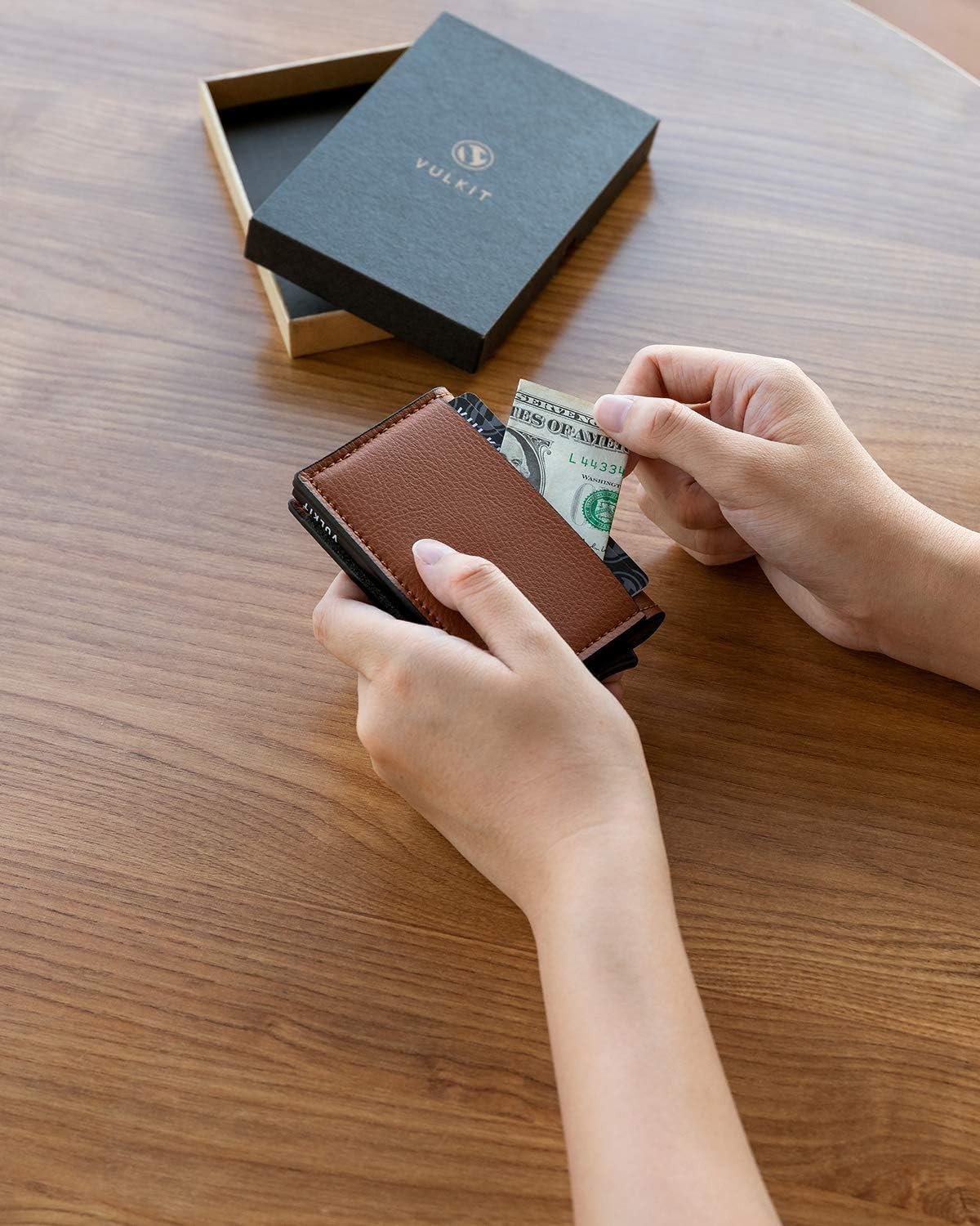 VULKIT Credit Card Holder RFID Blocking Leather Automatic Pop Up Wallet Aluminum Slim Pocket Business Card Case