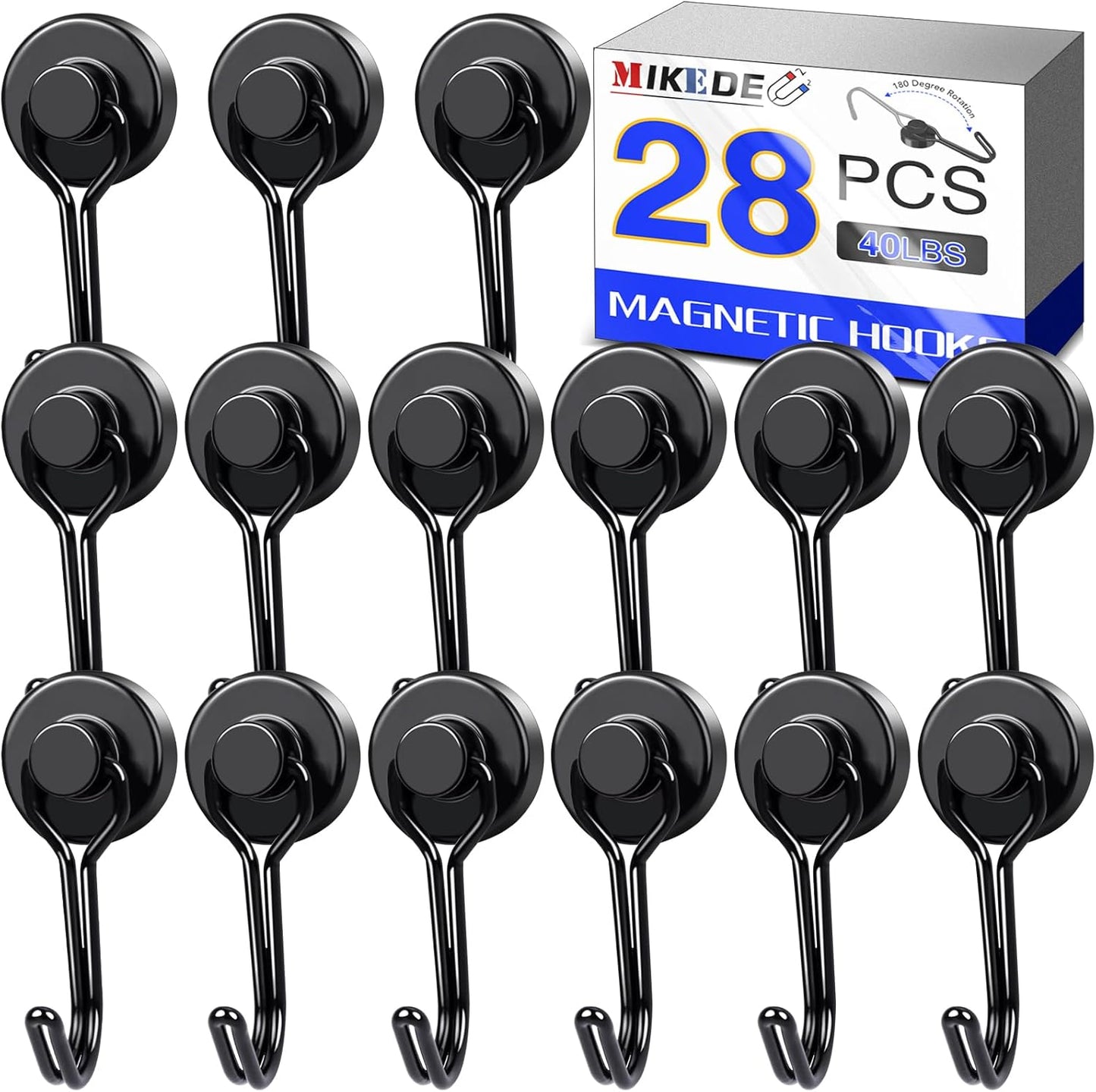 MIKEDE Strong Magnetic Hooks, 40LBS Black Swivel Swing Hooks Heavy Duty, Rare Earth Magnets with for Fridge, Grill Cruise Cabins, Hanging, Kitchen - 28 Pack
