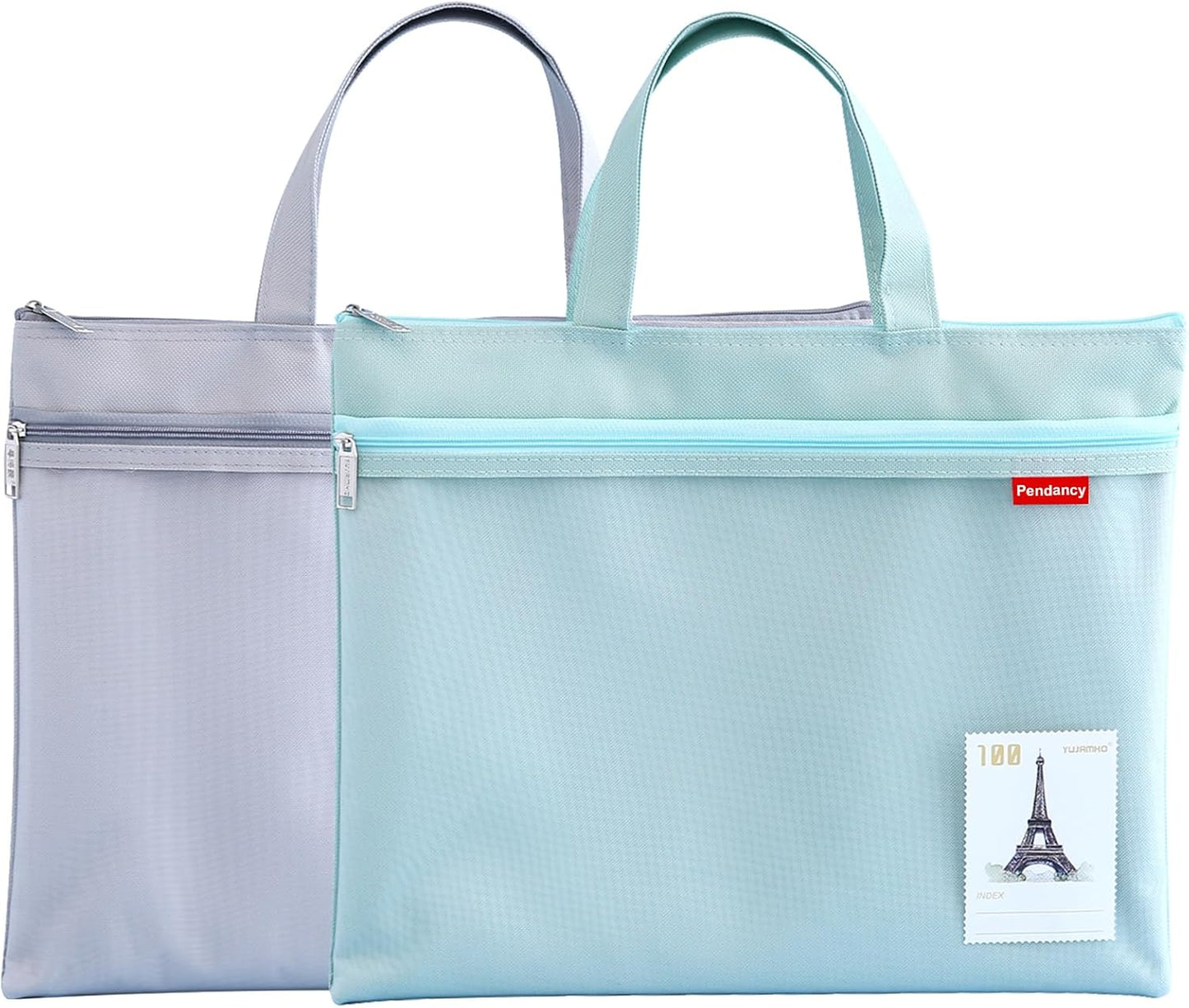 Pendancy Mesh Zipper Pouch 11x13.7 in, 2 pcs Large Double Pocket Waterproof File Bag with Handle, A4 Size Foldable Document Storage for Puzzle Project/Cross Stitch/Travel/Office（Gray Green）