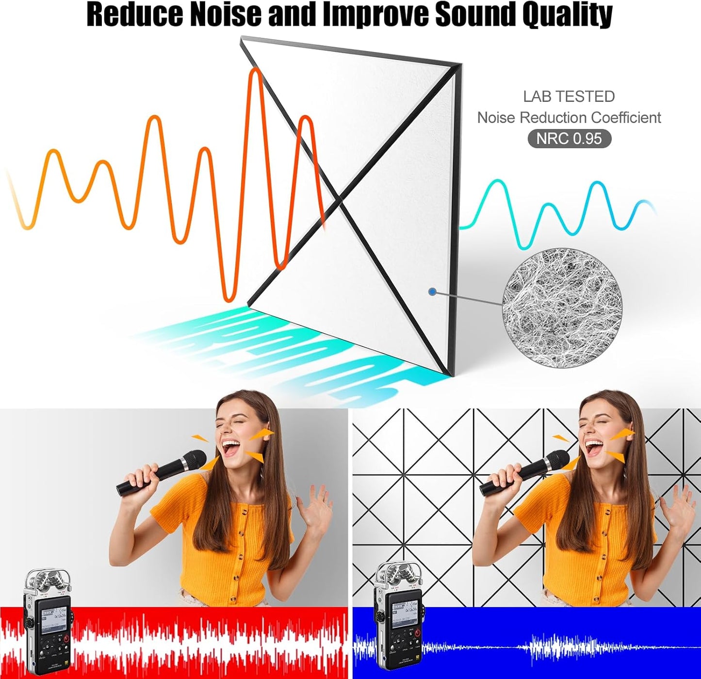 Sonicism 12 Pack X-Lined Acoustic Panels with Self-Adhesive, 12" X 12" X 0.4" Sound Proof Foam Panels, Decorative Soundproof Wall Panels, Sound Absorbing Tiles for Home & Offices (BlackBase+WhiteFace)