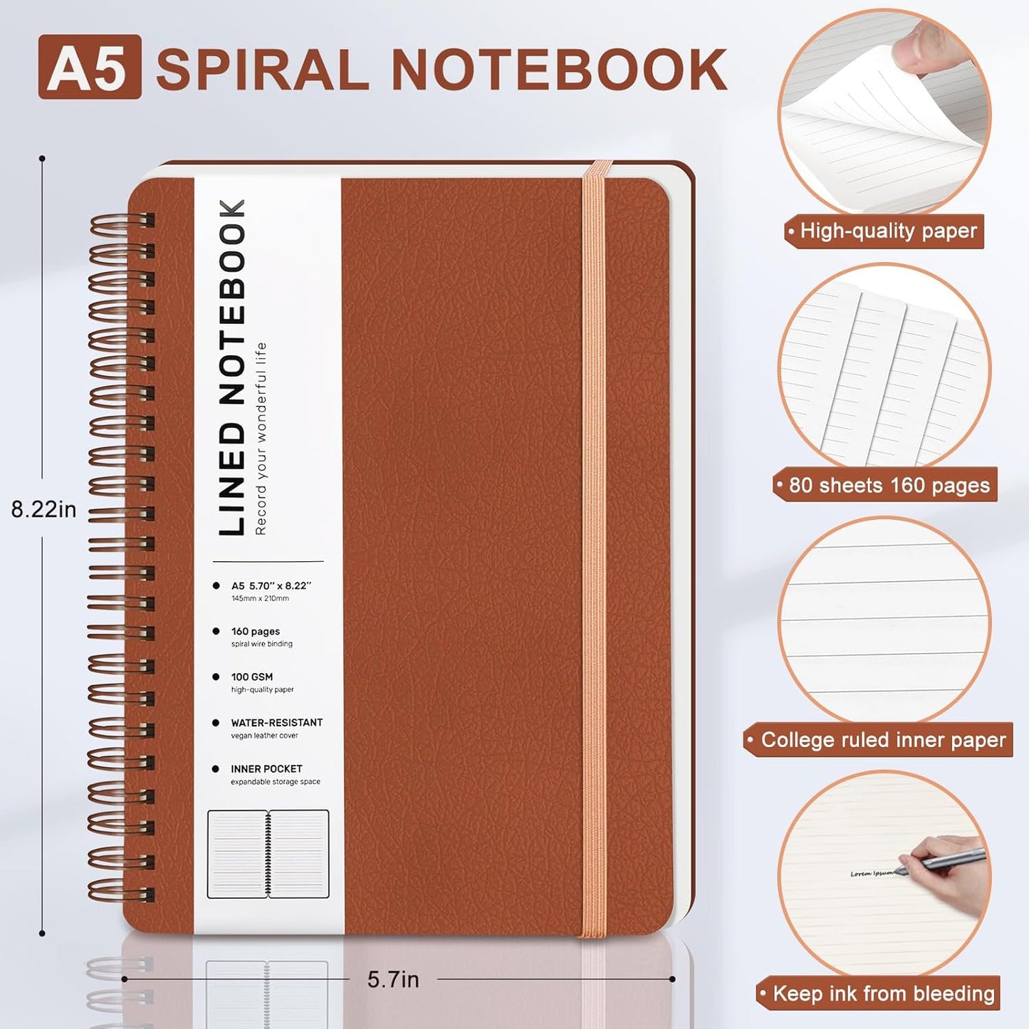 Lined Spiral Journal Notebook, A5 Hardcover Leather Notebook for Work, 5.7''×8.2'', 100GSM Thick Paper Spiral Bound Journaling Notebooks for Women & Men Office School Note Taking Business, Brown