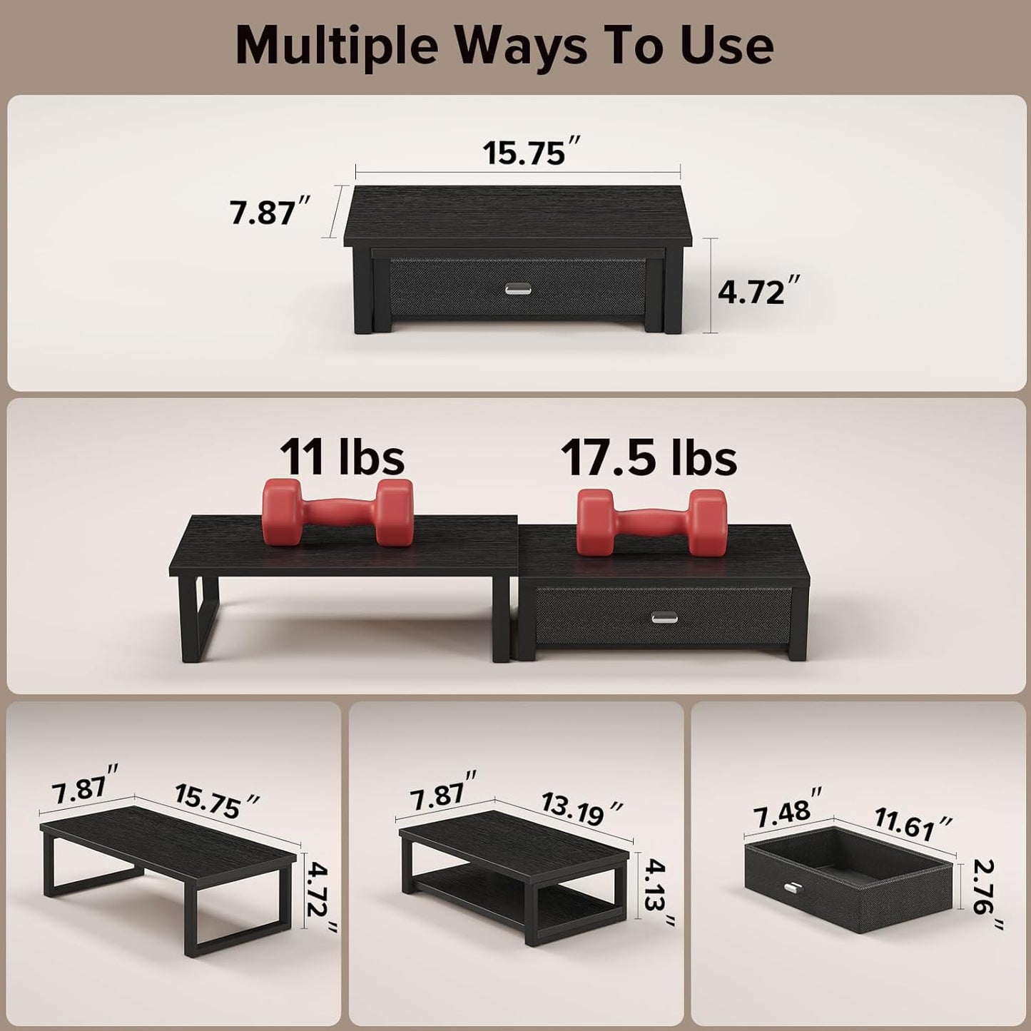 WOHOMO Dual Monitor Stand Riser with Drawers, Desk Organizers for 2 Monitors, Desktop Storage Stand for Computer,Laptop,Black