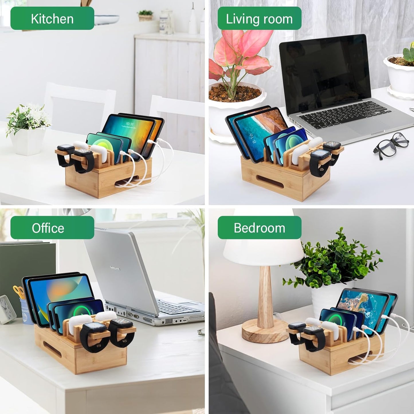 Bamboo Charging Stations for Multi Devices with 5 Port USB Charger, 6 Cables, Desktop Wood Docking Station Charger Organizer for Cell Phones, Tablets,Earphone, Watches