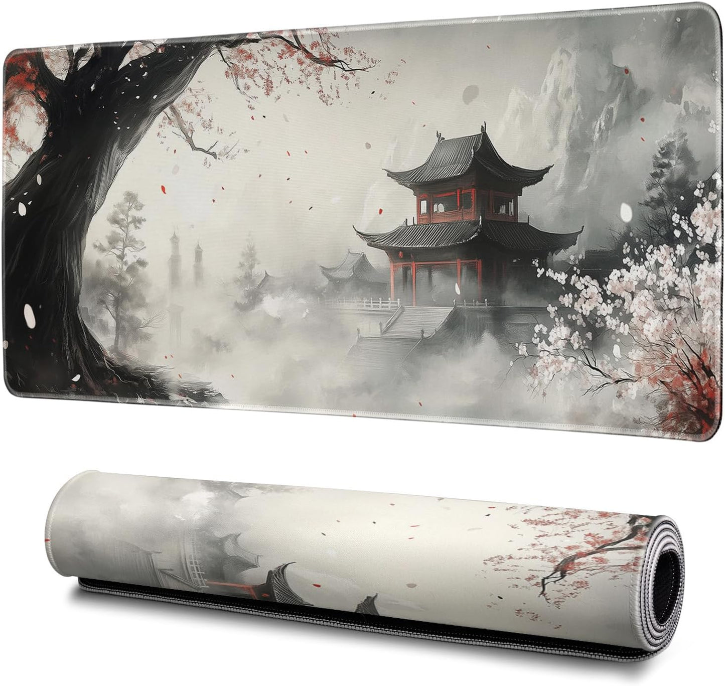 Retro Pagoda Mouse Pad Abstract Cherry Blossom Watercolor Mouse Pad 31.5x11.8 Inch Texture Non-Slip Rubber Base Large Mousepad Stitched Edges Keyboard Mouse Mat Desk Pad for Office
