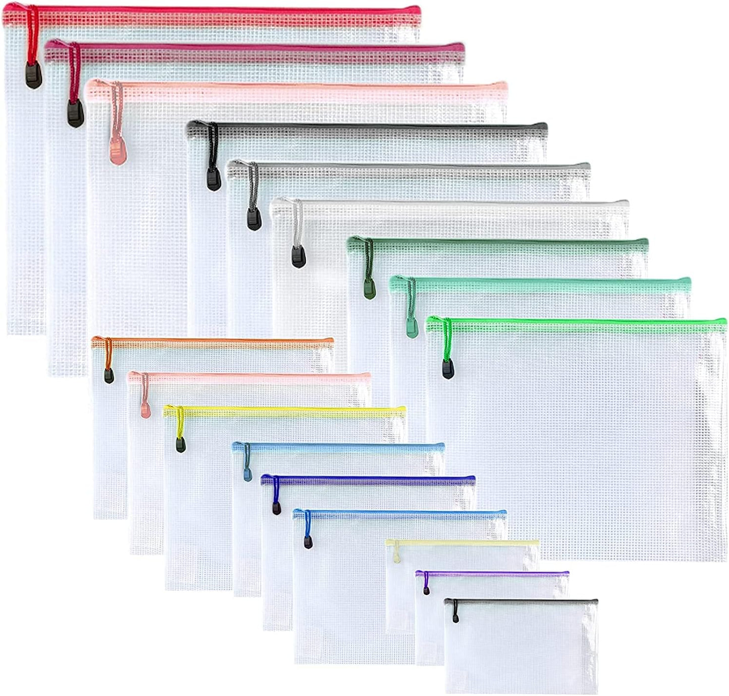 Oaimyy-18 Pcs,Plastic Mesh Zipper Pouch Document Folders Bag Zipper Zip File Folders for Office Supplies, Travel,Organizing Storage (6 Sizes, Multicolor)
