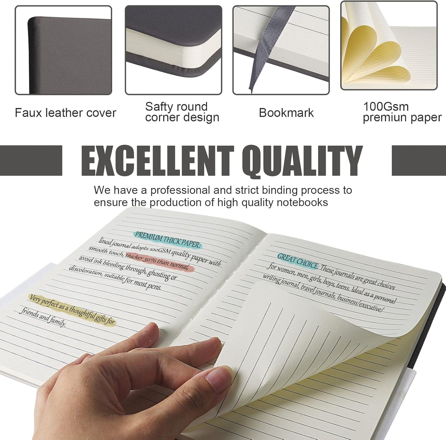 Lined Journal Notebook, 10Pack(Dark Gray), 160 Pages, Medium 5.7 inches x 8 inches - 100 gsm Thick Paper, Hardcover