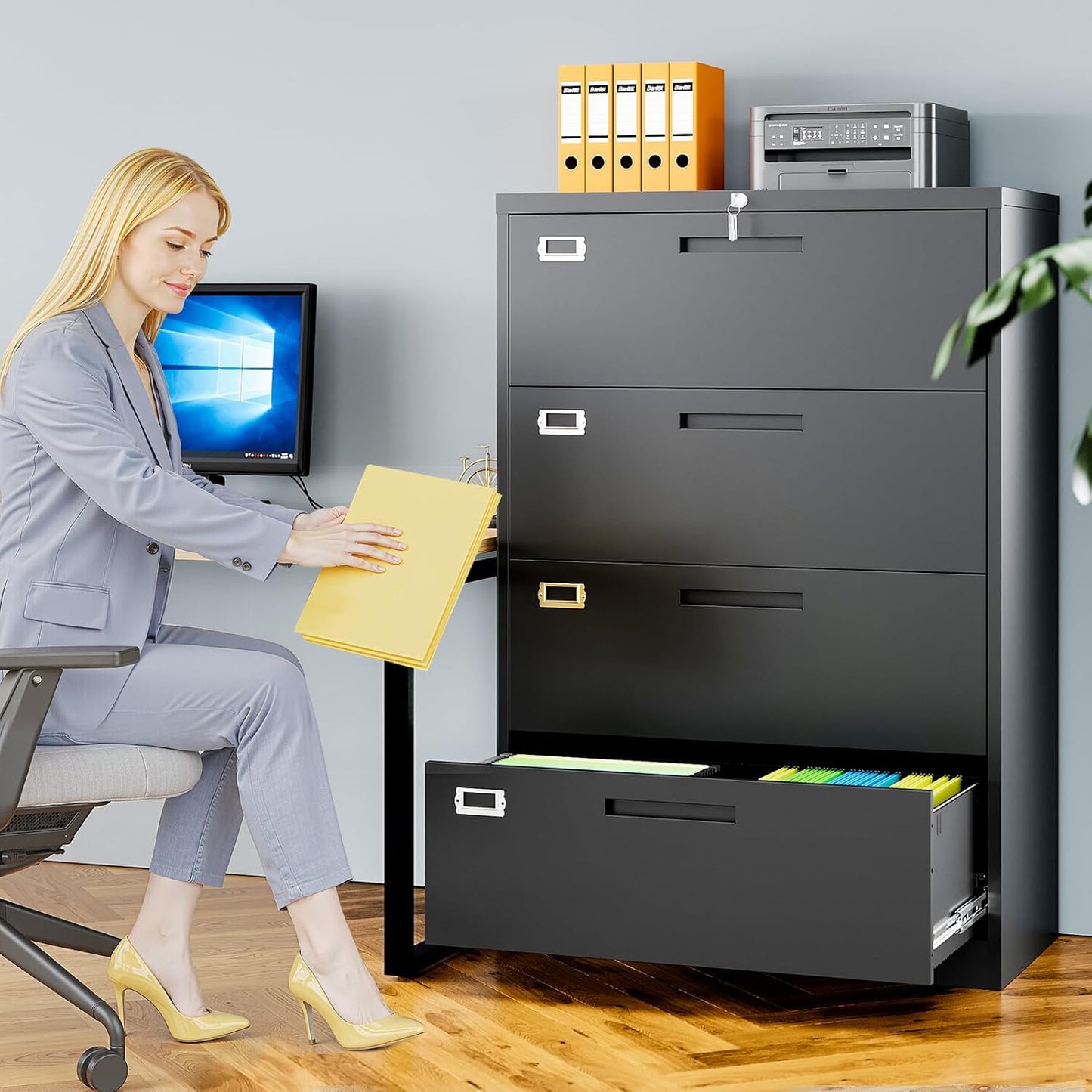 4 Drawer File Cabinets for Home Office, Metal Filing Cabinet with Lock, Black Locking File Caninet Four Drawer, Office Storage Caninets Steel Cabnet for Letter/Legal/A4/F4-Assembly Required