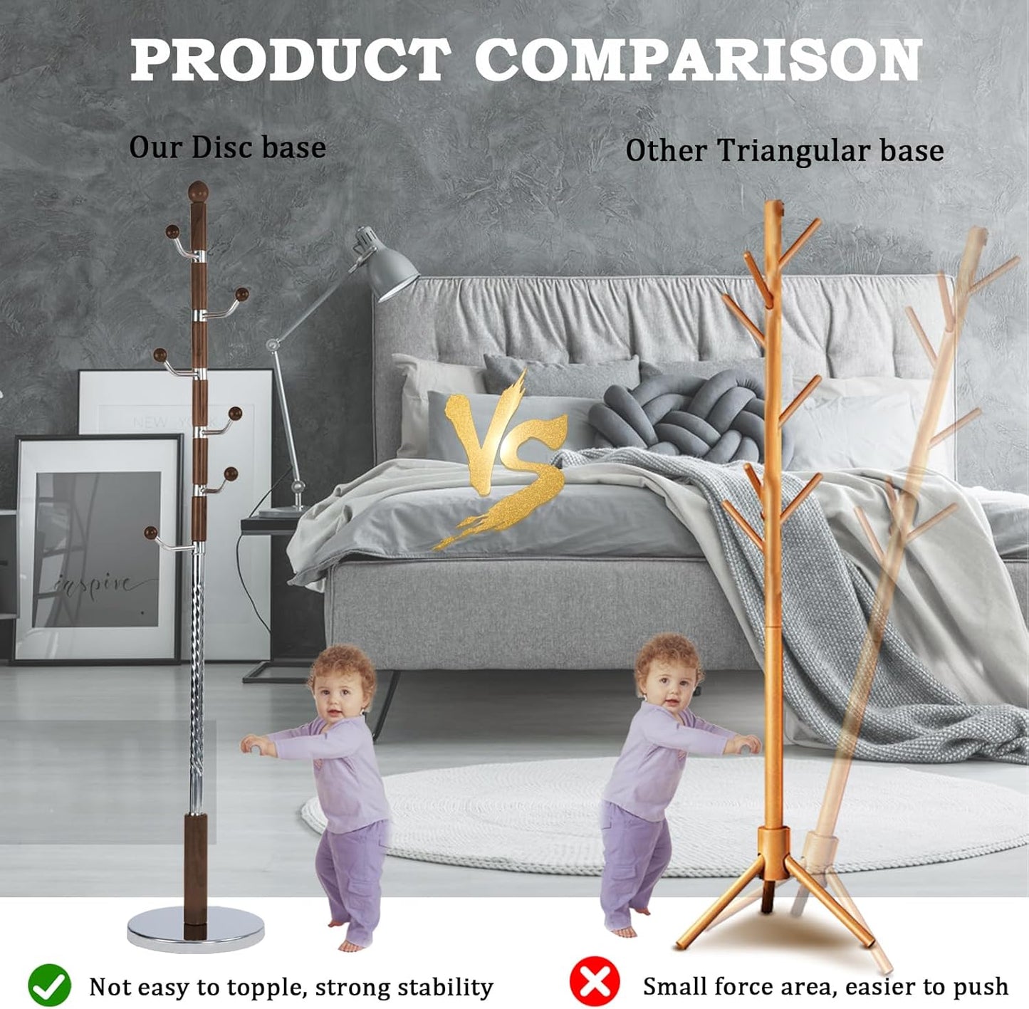 Coat Racks FreeStanding with 11 Hooks, Natural Wood Coat Rack with Solid Round Base, Adjustable Height Coat Racks, Easy Assembly for Hallway, Bedroom and Office (Walnut Metal)