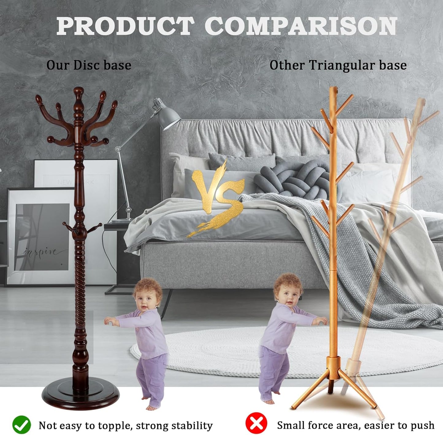 Coat Racks FreeStanding with 11 Hooks, Natural Wood Coat Rack with Solid Round Base, Adjustable Height Coat Racks, Easy Assembly for Hallway, Bedroom and Office (Walnut-Solid Round Base)