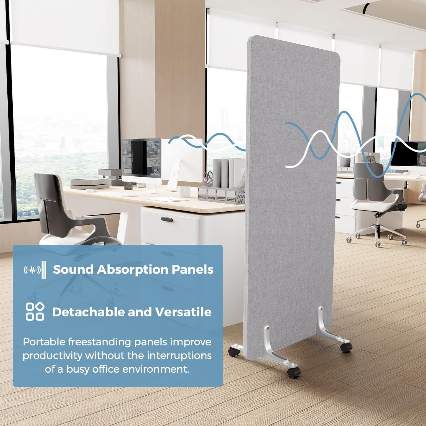70.8" W x 63" H Freestanding Partition Room Dividers, Acoustic Panels with Wheels, 3 Soundproof Privacy Panels for Office, Reception Room, School, Hospital, Light Grey